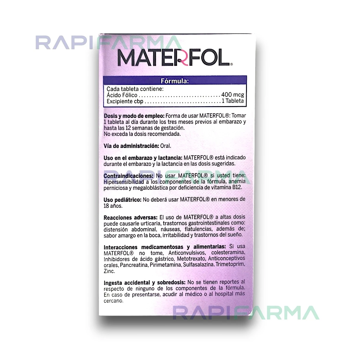 Ácido Fólico 400mcg 90tab (Materfol) imagen 2